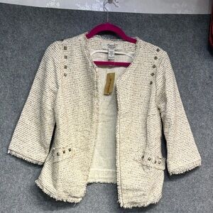 American Rag Charlotte  Cream  black Tweed studded fringe open Blazer jacket